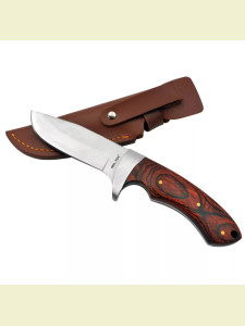 NÔŽ LOVECKÝ S DREVENOU RÚČKOU A HNEDÝM KOŽ...