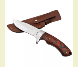 NÔŽ LOVECKÝ S DREVENOU RÚČKOU A HNEDÝM KOŽENÝM PUZDROM NA OPASOK