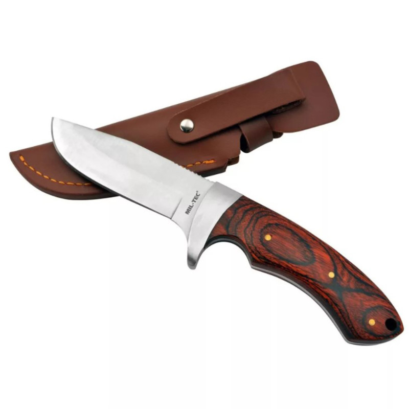 NÔŽ LOVECKÝ S DREVENOU RÚČKOU A HNEDÝM KOŽENÝM PUZDROM NA OPASOK